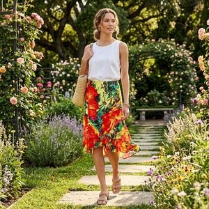 Toto n Ko Womens Size 8 Floral Wrap Skirt Rayon Made in USA Tropical Bright Art